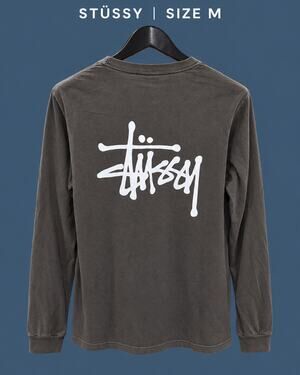 Stussy Heavyweight Big Stock Logo Long Sleeve Tee Charcoal Medium NWOT